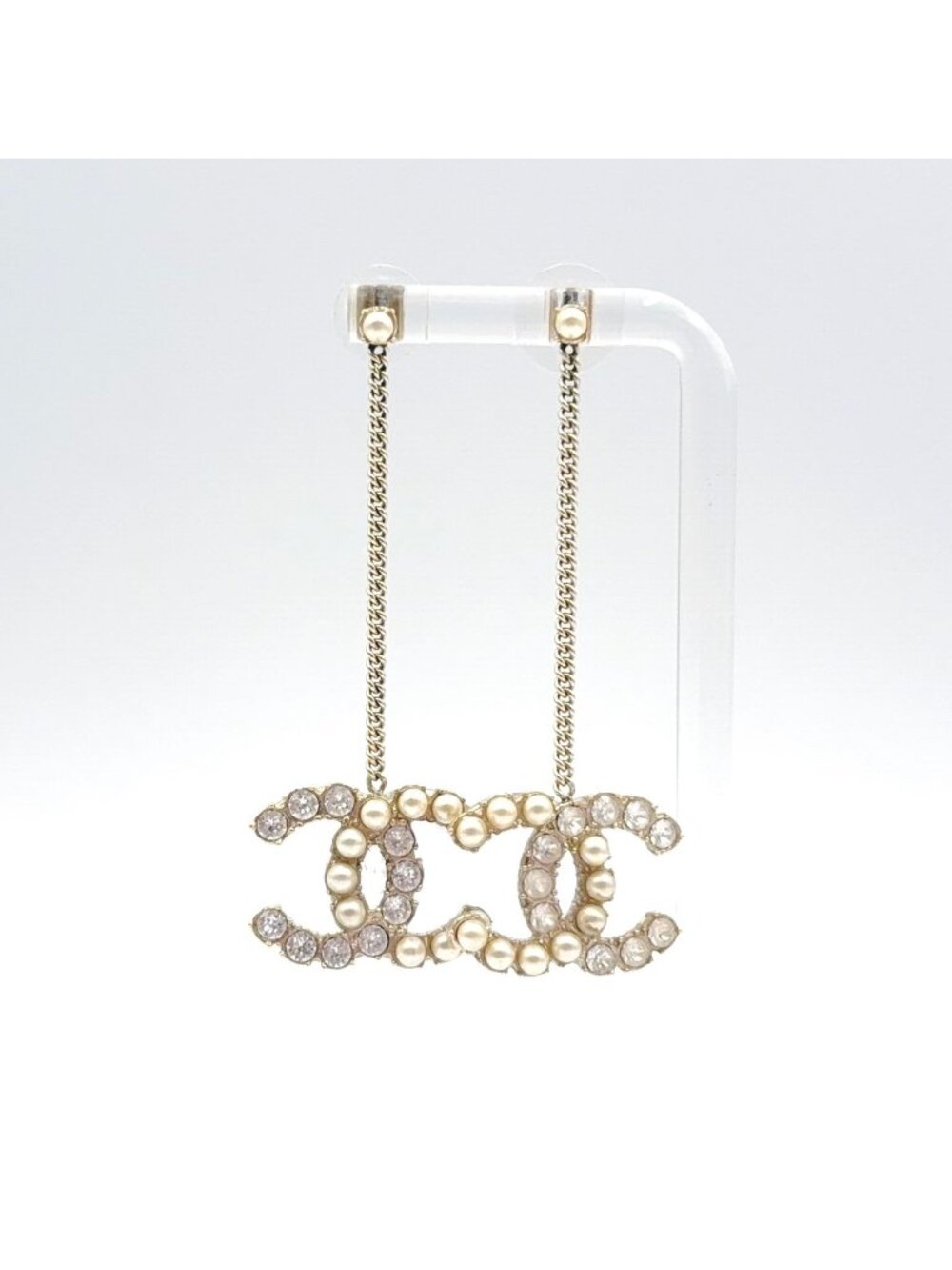 Chanel CC Logo Rhinestone Pearl Faux Off White Clear Gold Earrings